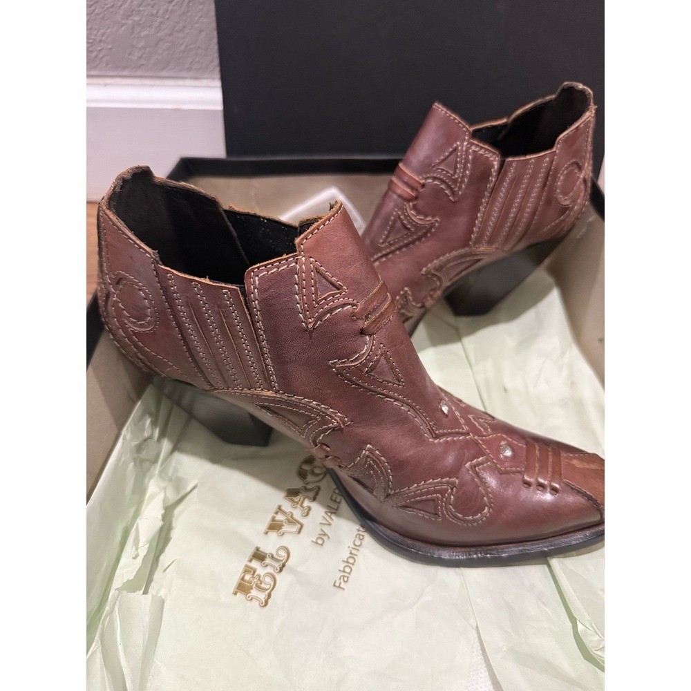 El Vaquero Western Cowboy Ankle Boots Women 37 US 7 Brown Leather Handmade Italy